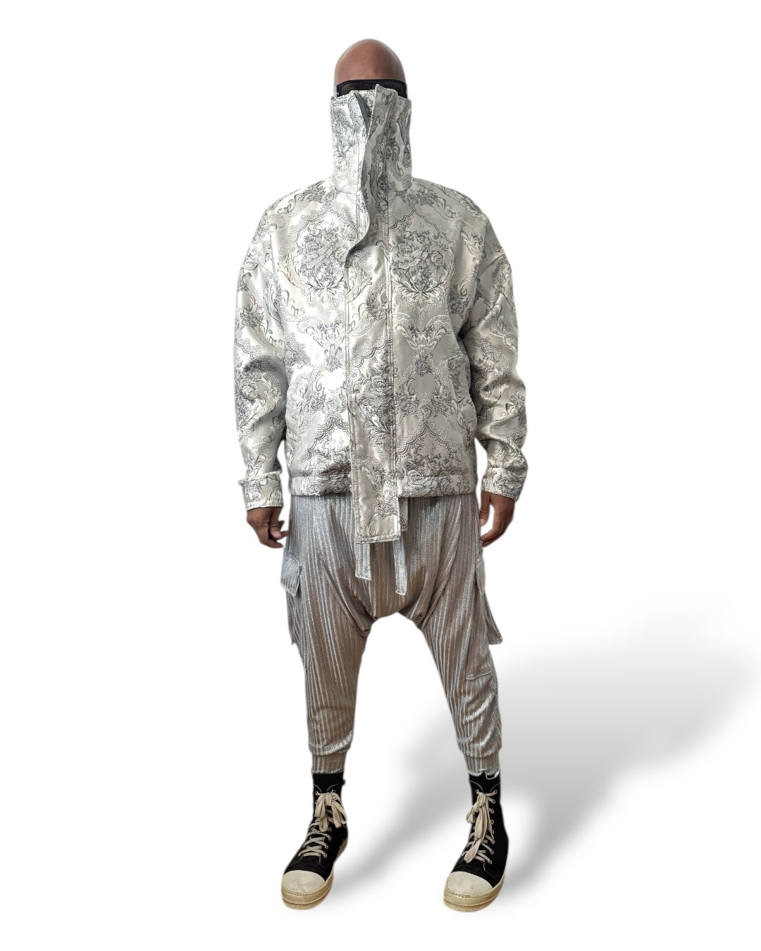 Silver Metallic Brocade Flight Jacket - Oversized Luxury Streetwear Unisex Streetwear Outerwear