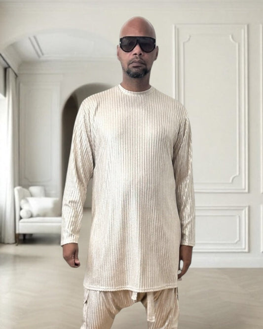 Gold Rib Knit Long Sleeve Shirt – Unisex Metallic Lounge Top