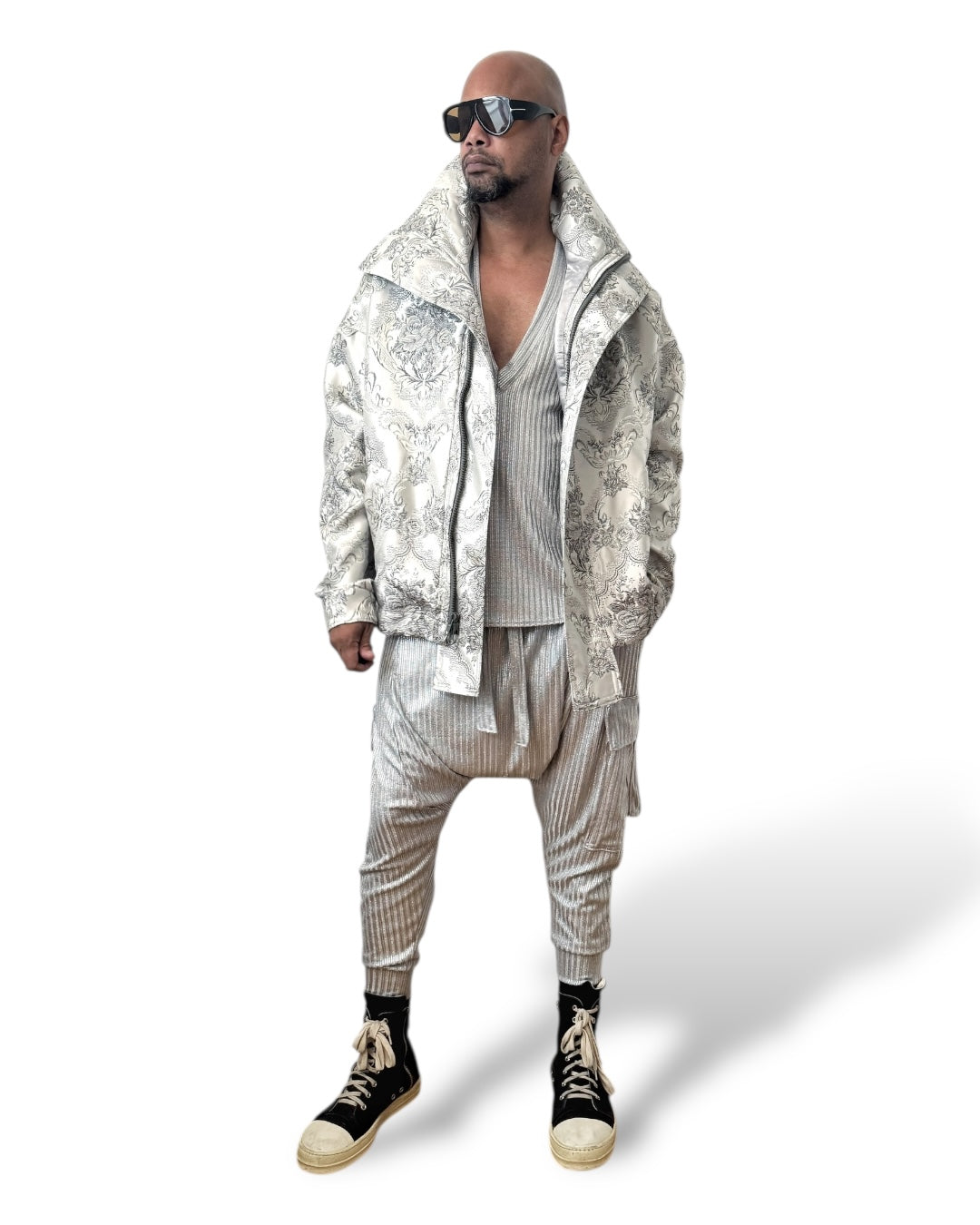 Silver Metallic Brocade Flight Jacket - Oversized Luxury Streetwear Unisex Streetwear Outerwear