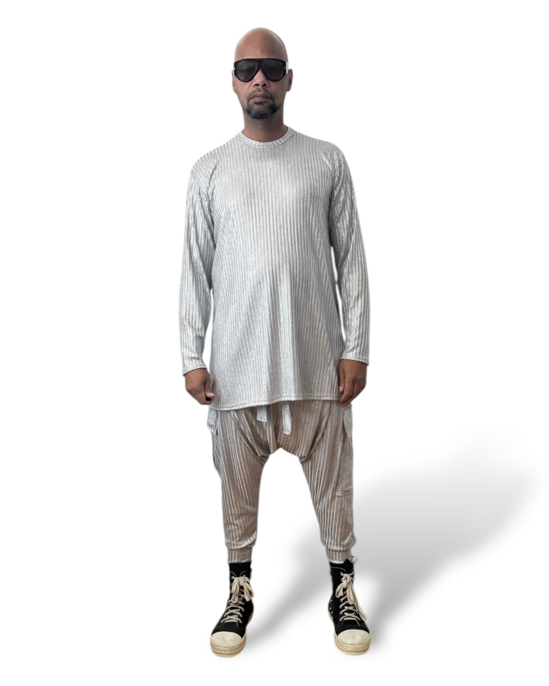 Silver Rib Knit Long Sleeve Shirt – Unisex Metallic Lounge Top