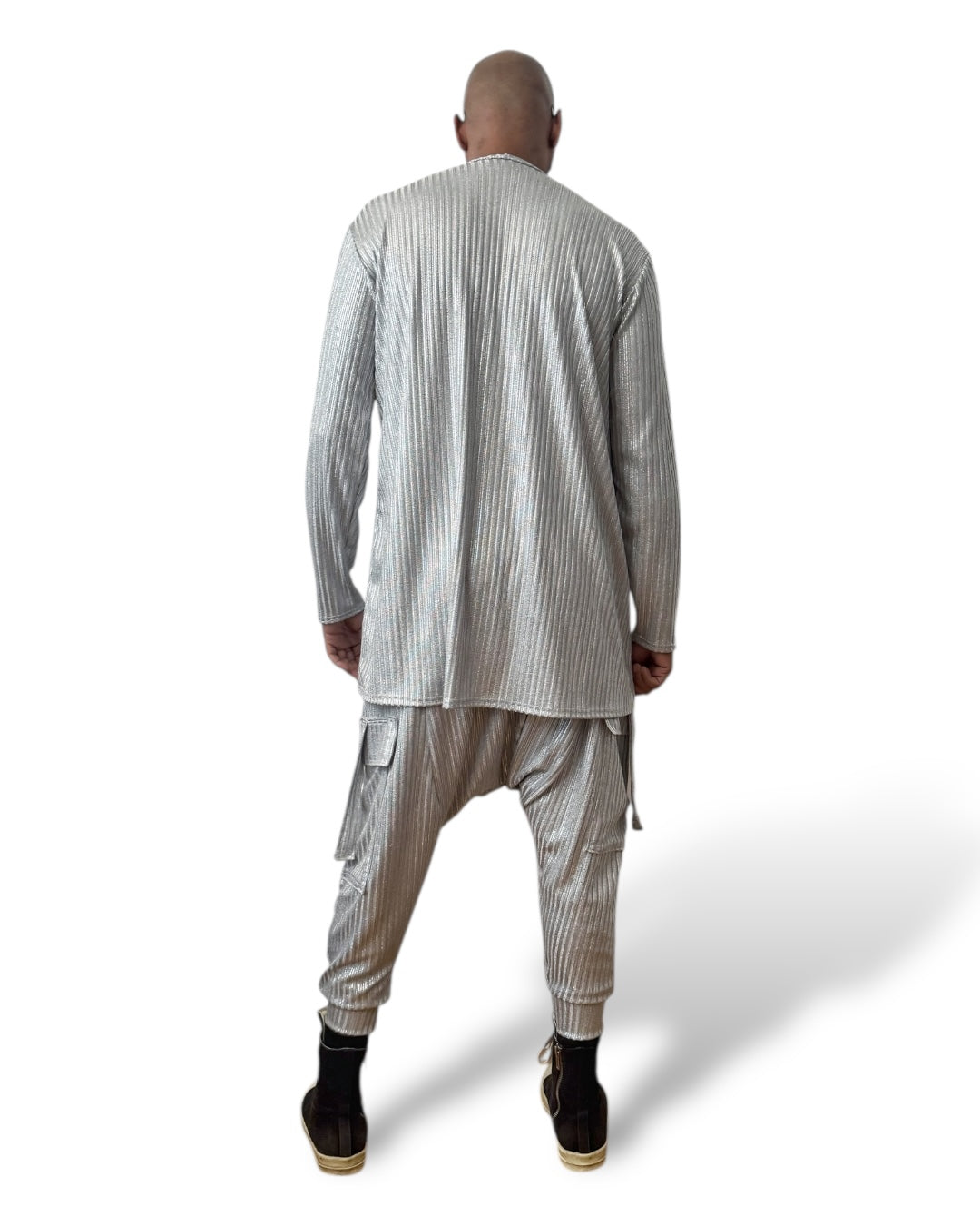 Silver Rib Knit Long Sleeve Shirt – Unisex Metallic Lounge Top