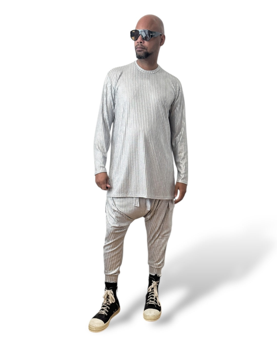Silver Rib Knit Long Sleeve Shirt – Unisex Metallic Lounge Top
