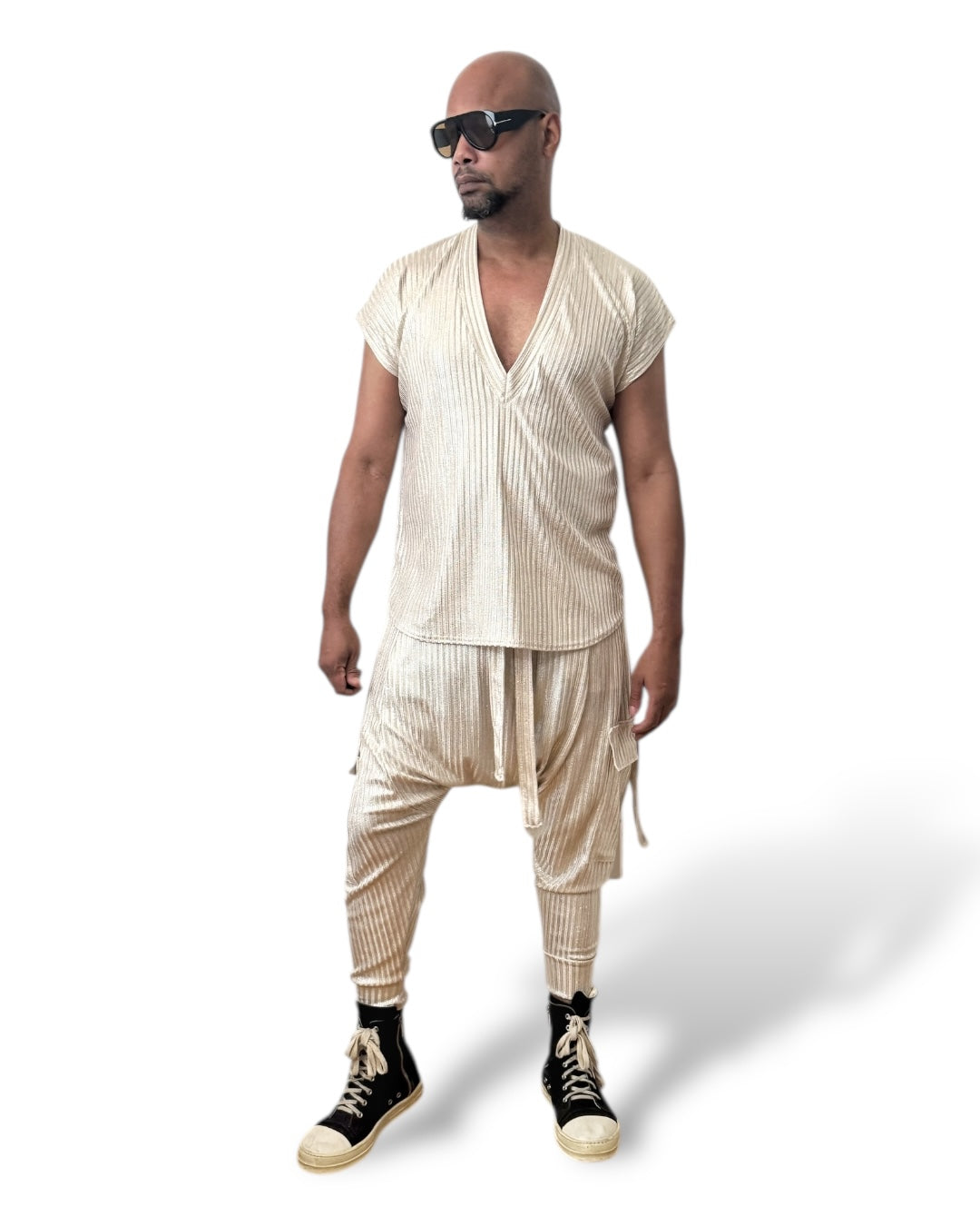Gold Rib Knit Harem Jogger Cargo Pants – Unisex Metallic Streetwear