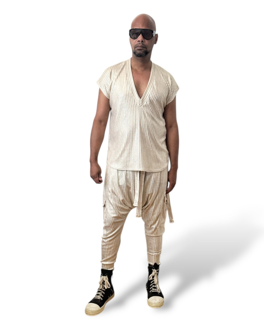 Gold Rib Knit Harem Jogger Cargo Pants – Unisex Metallic Streetwear
