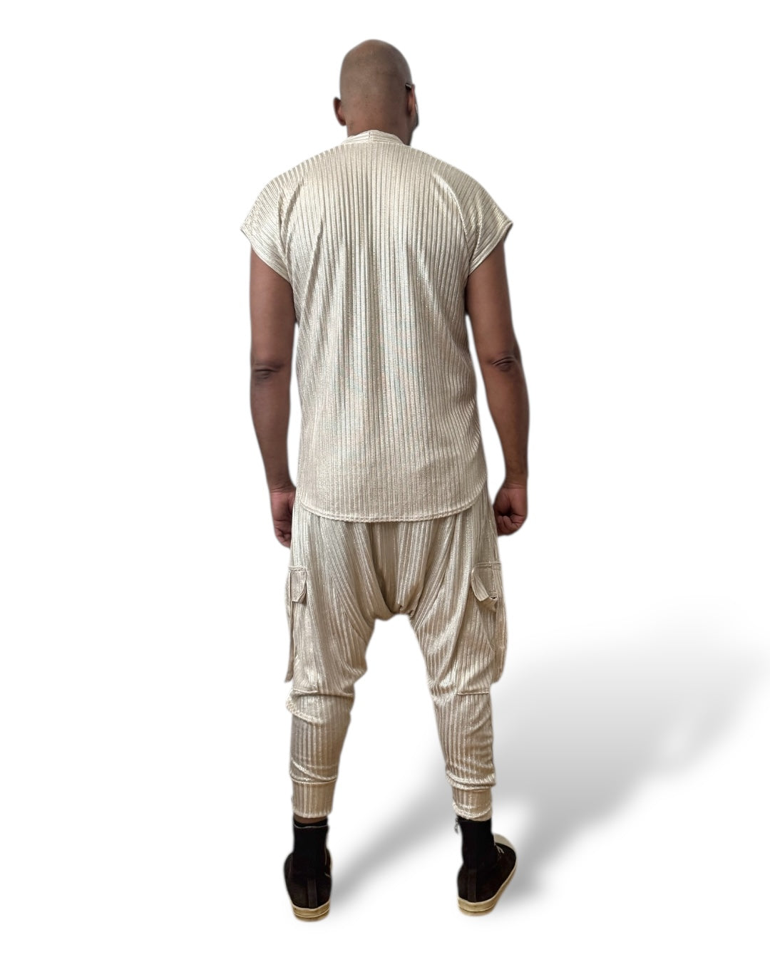 Gold Rib Knit Harem Jogger Cargo Pants – Unisex Metallic Streetwear
