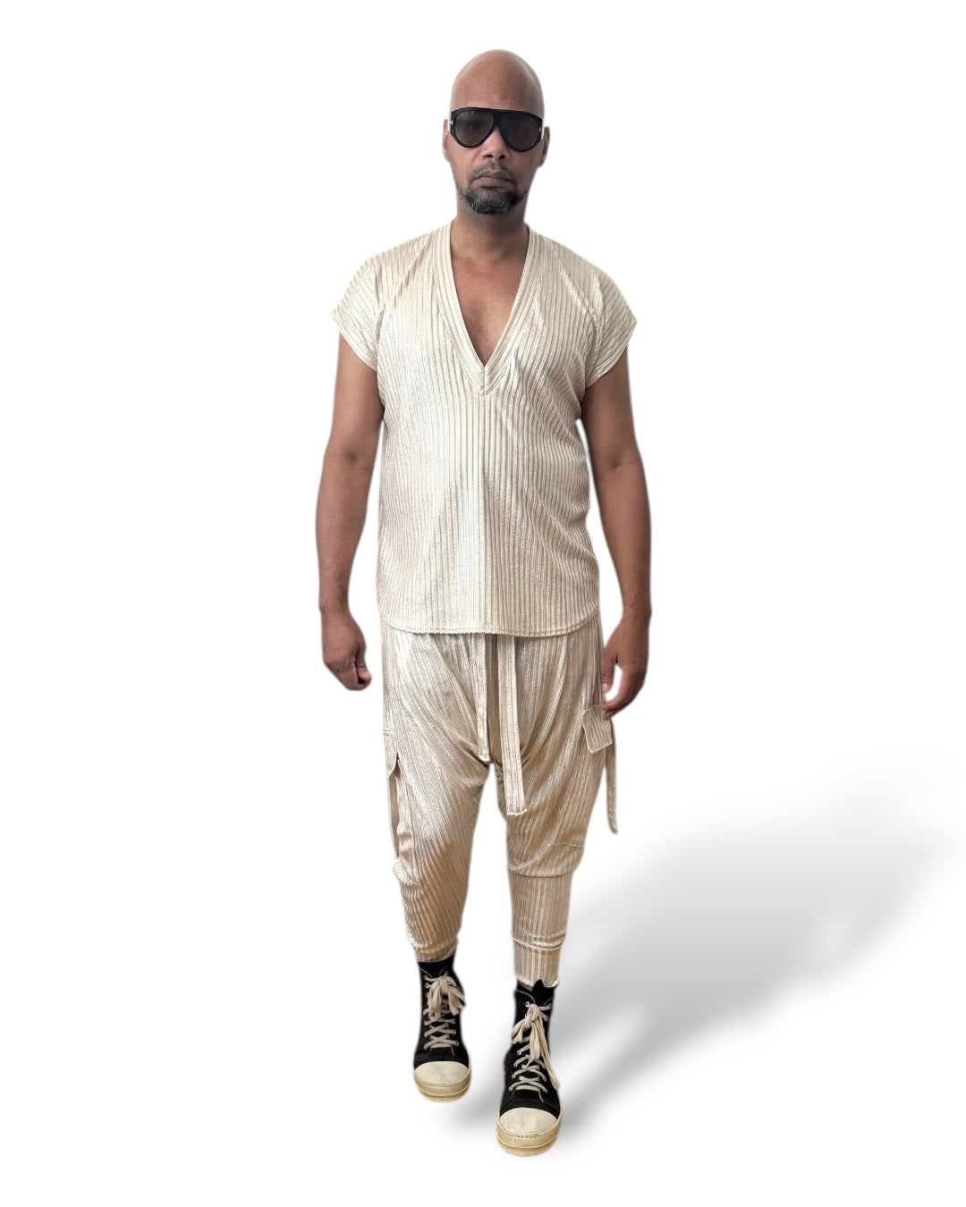 Gold Rib Knit Harem Jogger Cargo Pants – Unisex Metallic Streetwear