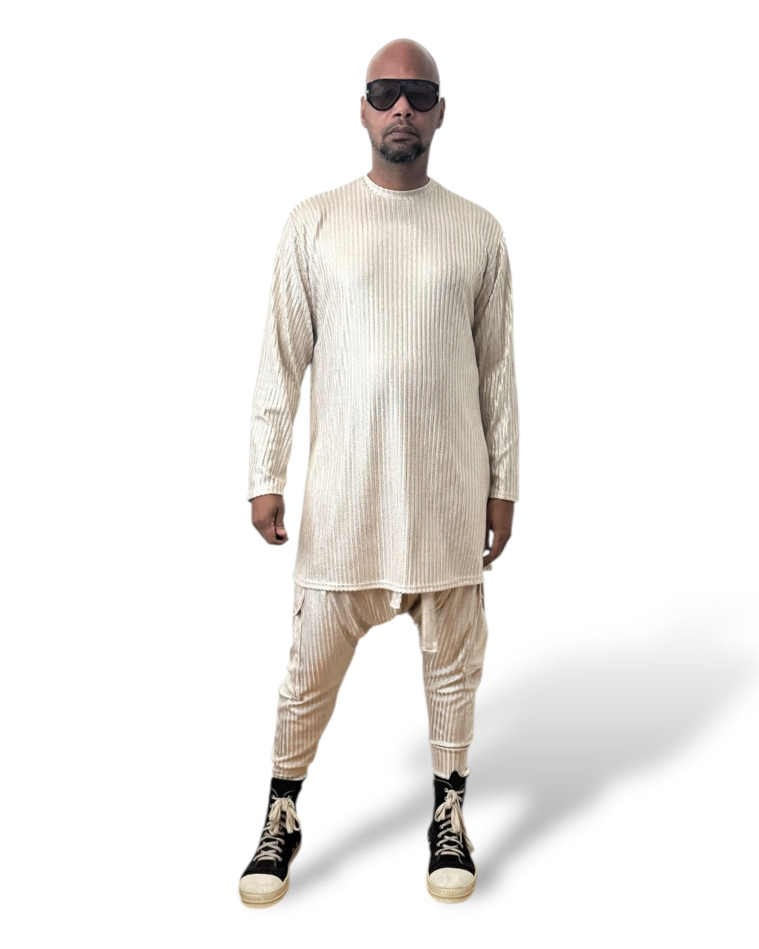 Gold Rib Knit Long Sleeve Shirt – Unisex Metallic Lounge Top