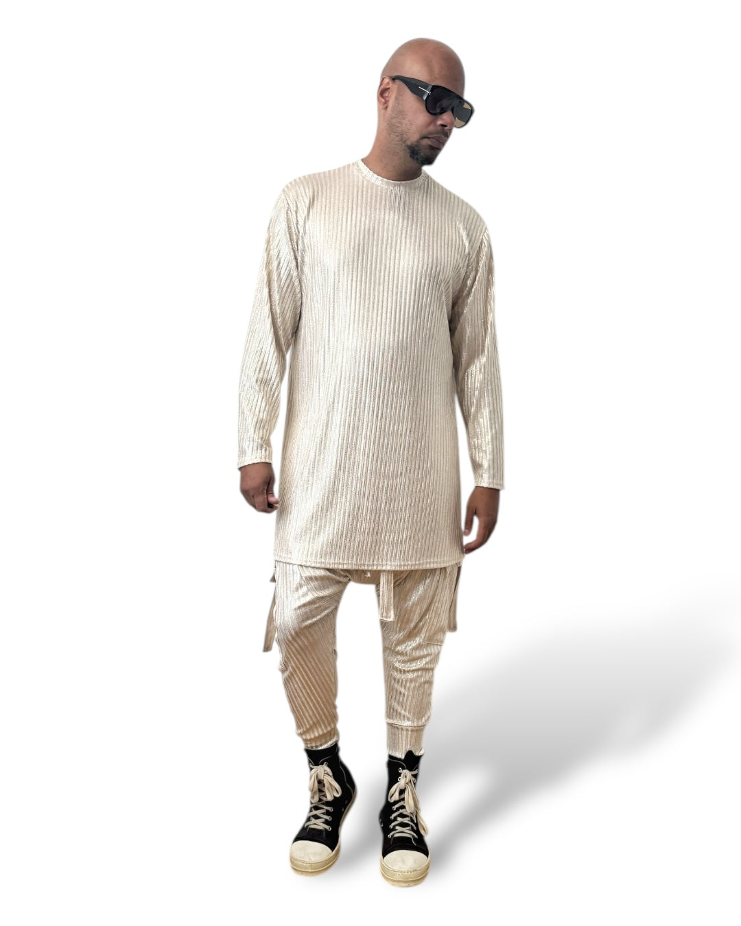 Gold Rib Knit Long Sleeve Shirt – Unisex Metallic Lounge Top