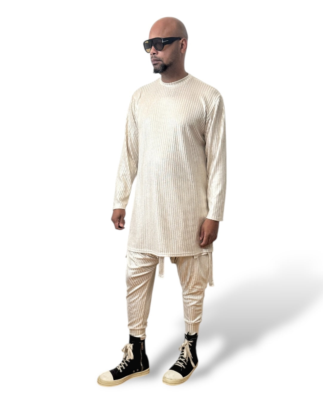 Gold Rib Knit Long Sleeve Shirt – Unisex Metallic Lounge Top