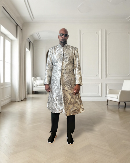 Men’s Silver Brocade Long Jacket with Jeweled Collar | Festival Coat | Baroque Formalwear Weddings & sherwani jacket for men