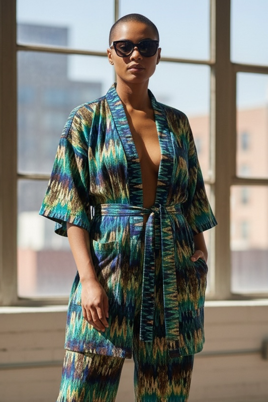 Blue Chevron Jersey Printed Kimono (Top Only)