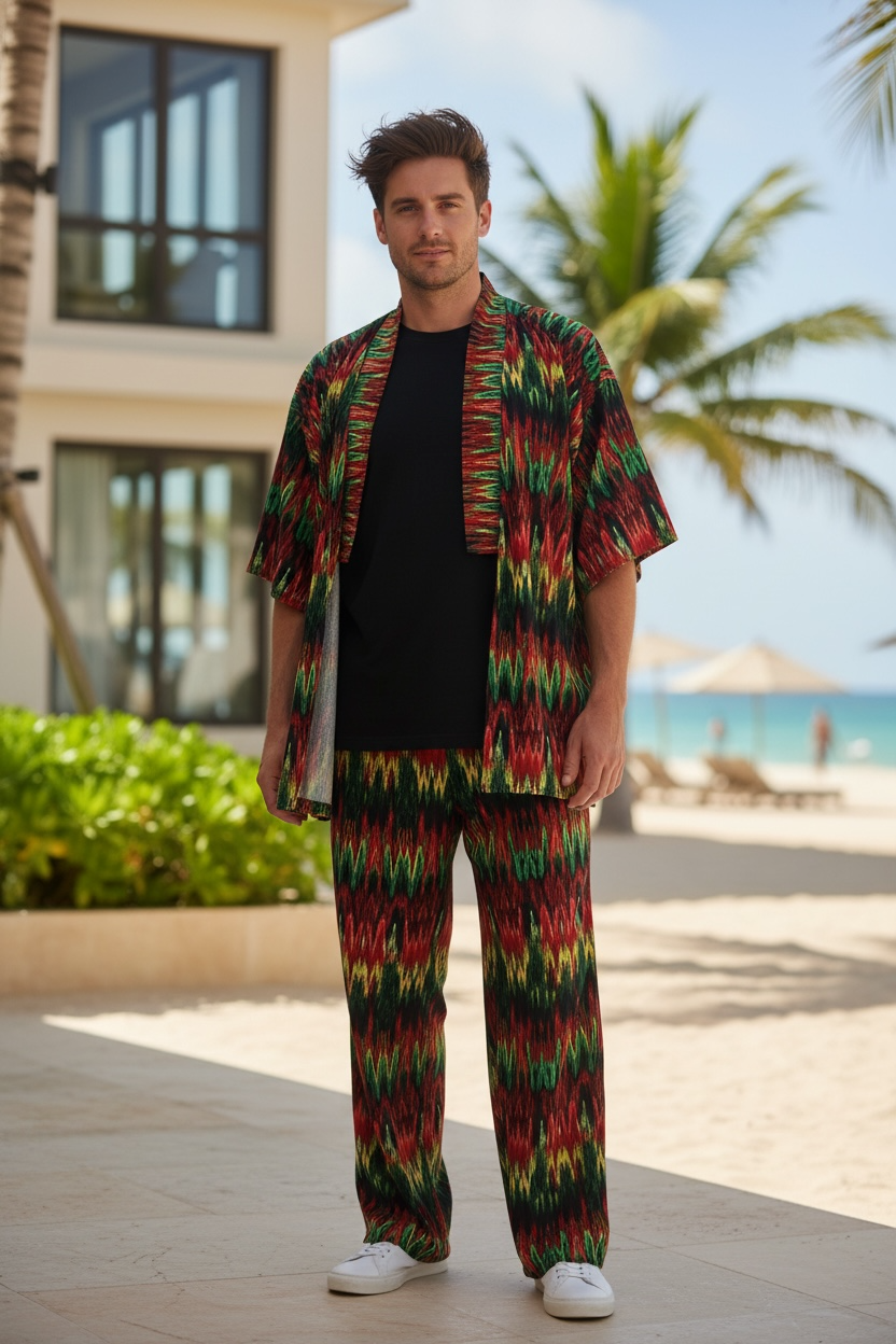 Red Chevron Tribal Print Kimono & Pant Set – Relaxed Fit Two-Piece Set