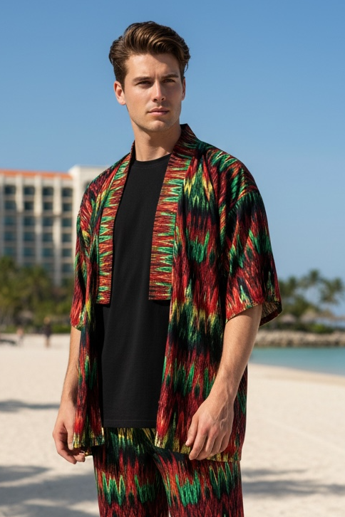 Red Chevron Jersey Printed Kimono (Top Only)