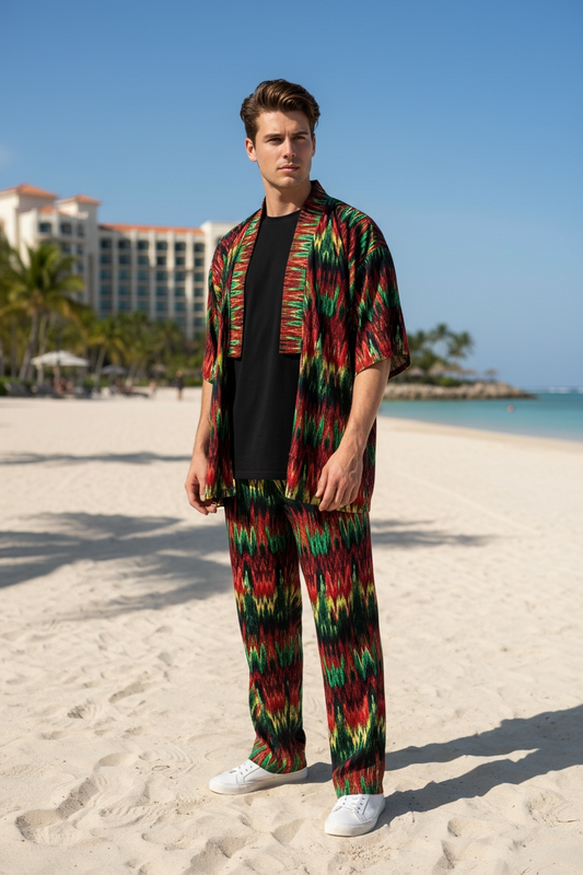 Red Chevron Tribal Print Kimono & Pant Set – Relaxed Fit Two-Piece Set