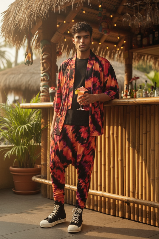 Mens Kimono And Jogger Knit Jersey 2 Piece Set | Stretchy Fireside Printed Jersey