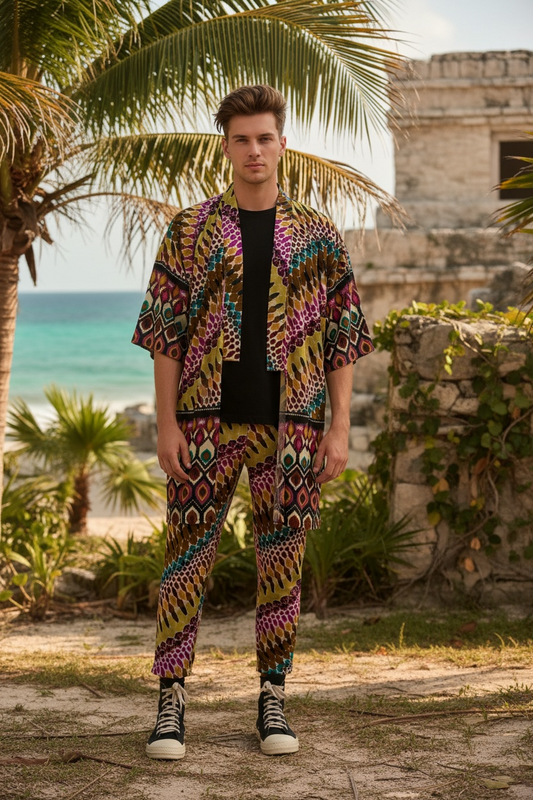Tribal Remix Motif Print Kimono & Pant Set – Relaxed Fit  Two-Piece Set