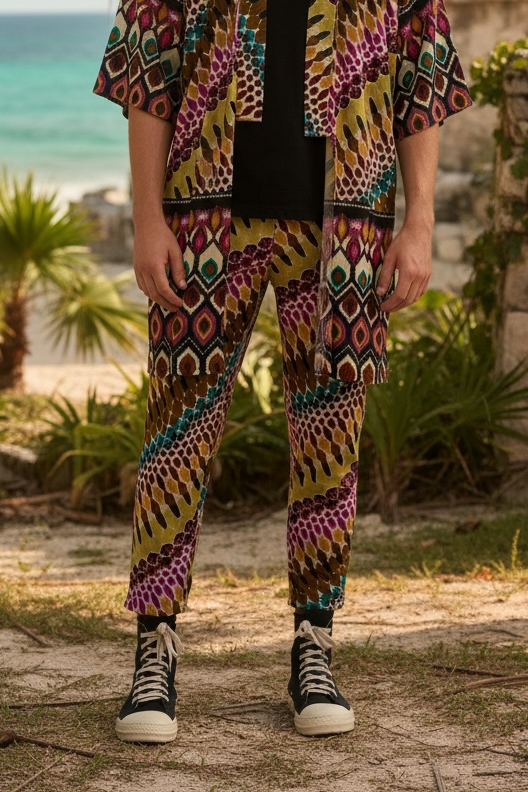 Tribal Remix Motif Print Kimono & Pant Set – Relaxed Fit  Two-Piece Set