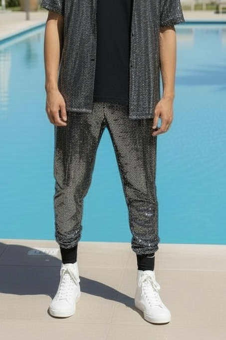 Silver Metallic Jogge Pant | Mens Festival Fashion Pant