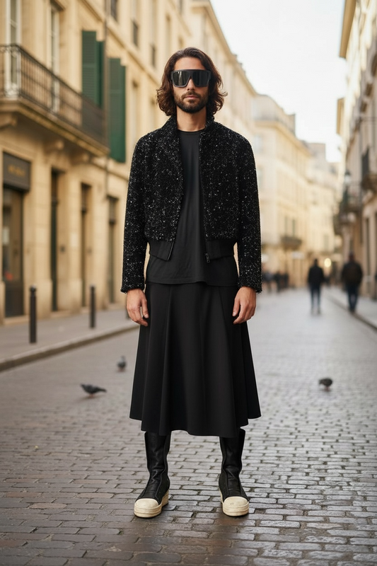 Linen Kilt: Men's Black Flared Pleated Skirt