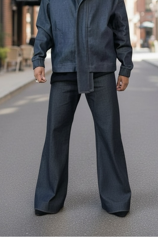 Wide Leg Stretch Denim Pants — Elastic Waist, Unisex Fit