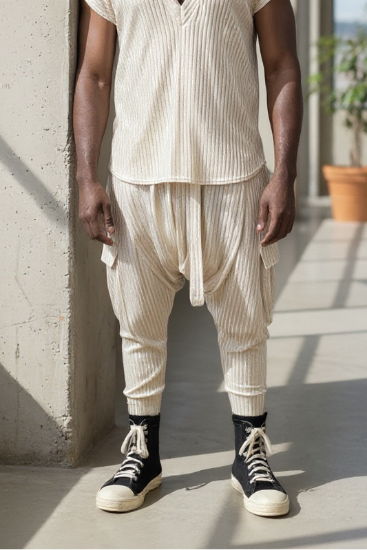 Gold Metallic Rib Knit Harem Jogger Cargo Pants – Unisex Metallic Streetwear