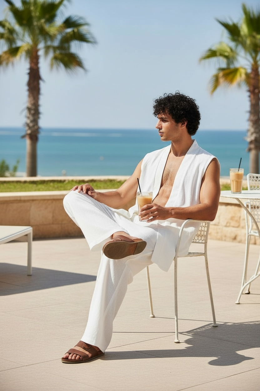 White Linen Vest And Pant Set | Open Front Vest And Elastic Waist Cinched Pant