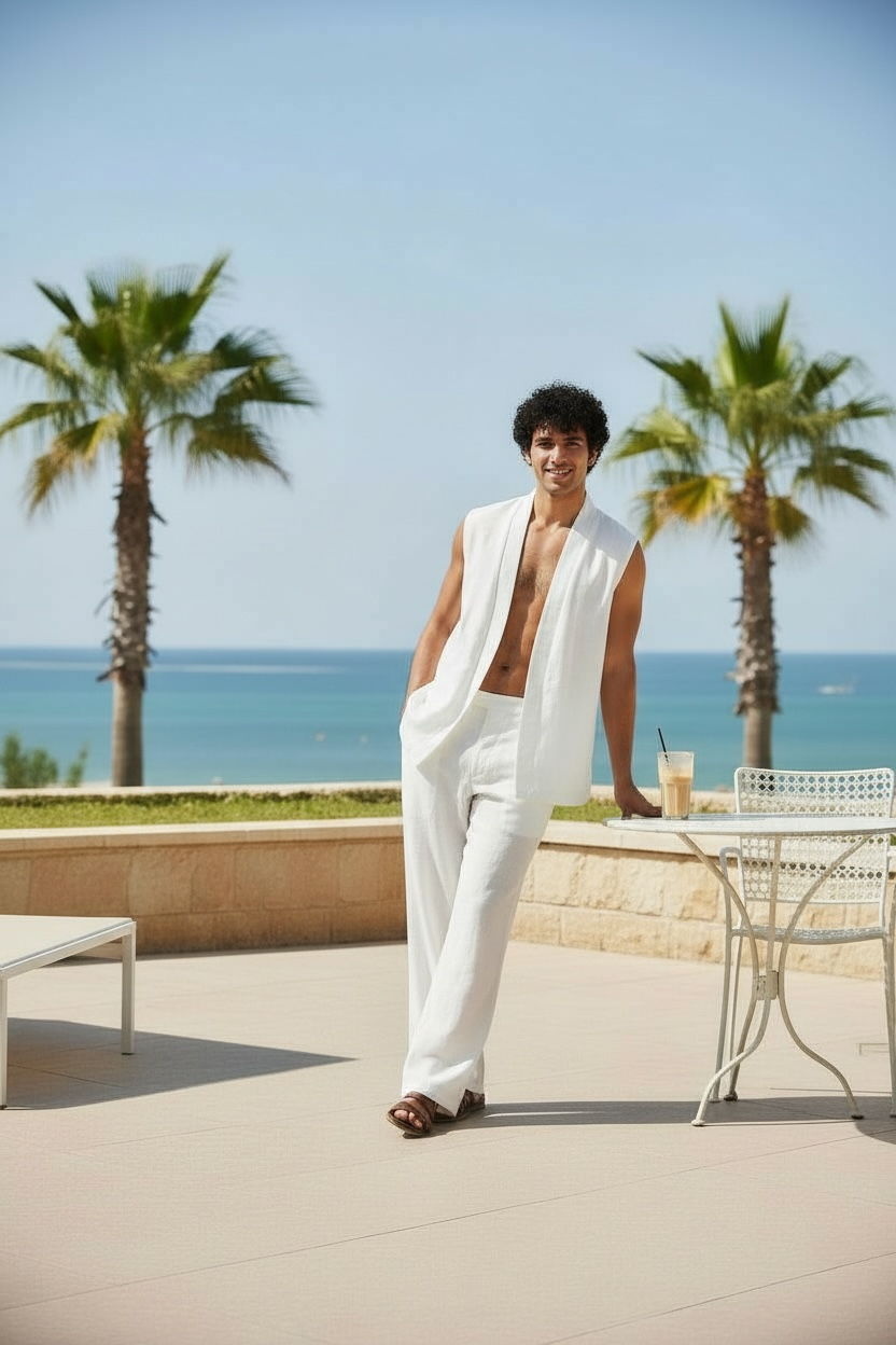 White Linen Vest And Pant Set | Open Front Vest And Elastic Waist Cinched Pant