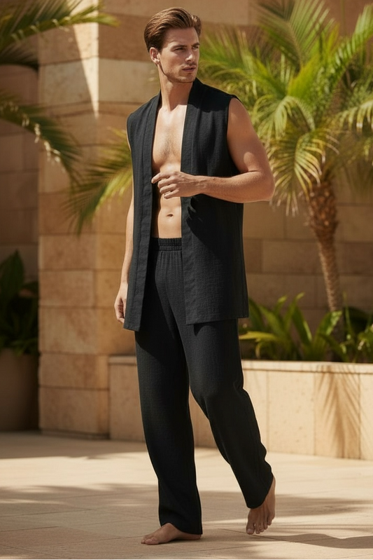 Black Linen Vest And Pant Set | 100% Open Front Vest And Elastic Waist Cinched Pant