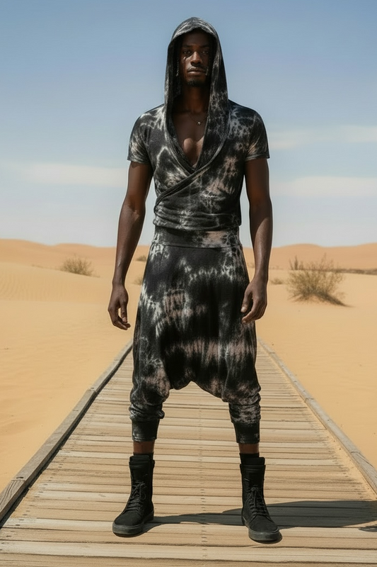 Mens Jumpsuit Drape Front Jersey Jumpsuit Cross Front attach Hoodie Tye Dye Jersey Mens Unisex