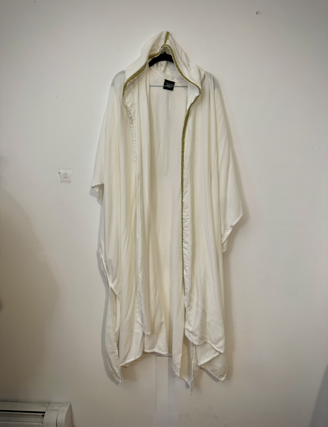 Sale: White Cotton Hooded Caftan With Gold Trim - One Size Fits All 60 inches Length