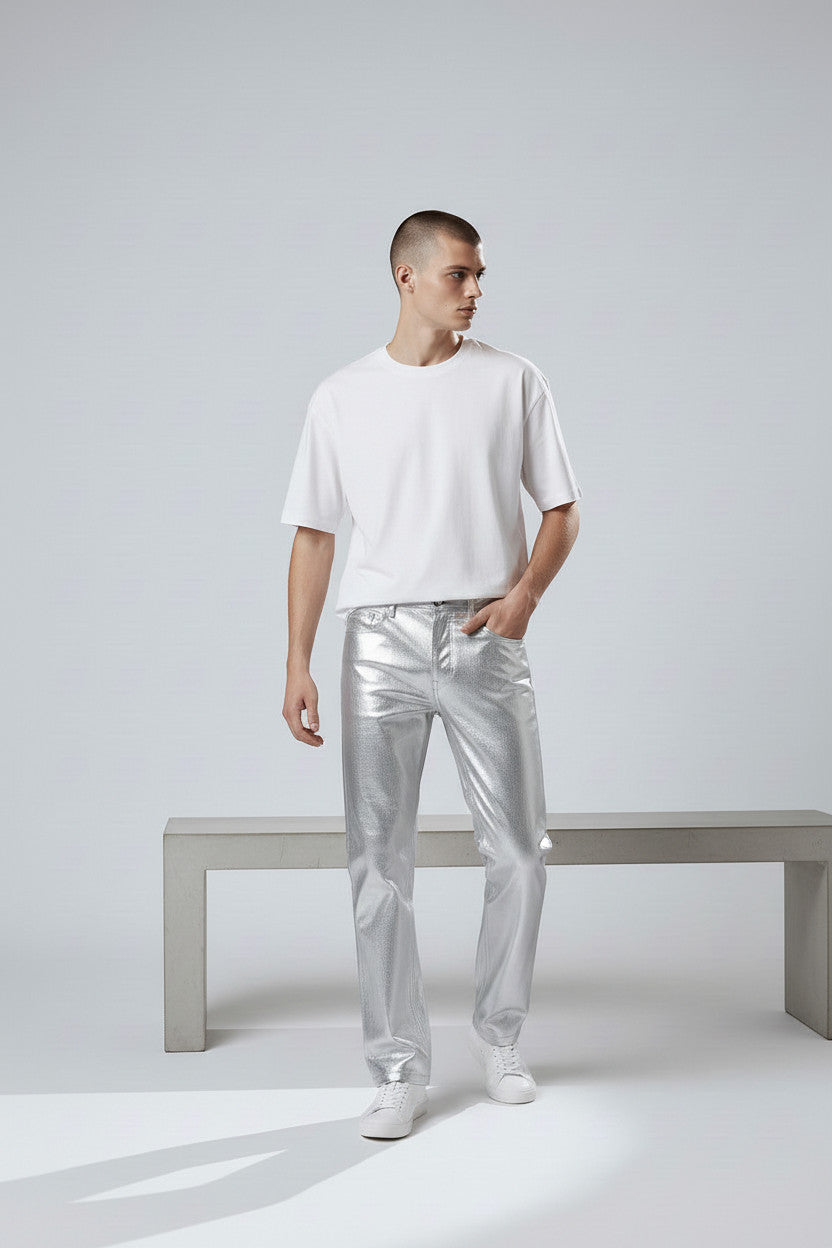 Metallic Jean Cut | Coated Spandex | Silver | Unisex Mens