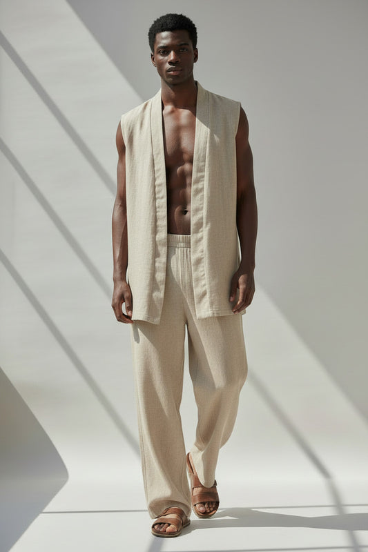 Beige Linen Vest And Pant Set | Open Front Vest And Elastic Waist Cinched Pant