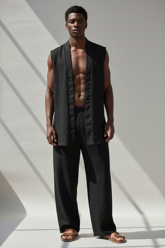 Black Linen Vest And Pant Set | 100% Open Front Vest And Elastic Waist Cinched Pant