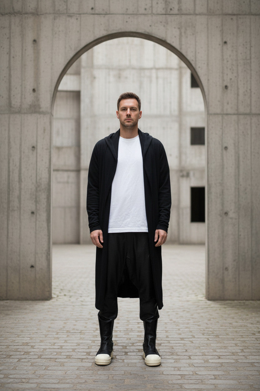 Mens Hooded Cardigan, Long Line Cloak Robe, Soft Rib Knit Knit With Pockets (Unstructured)