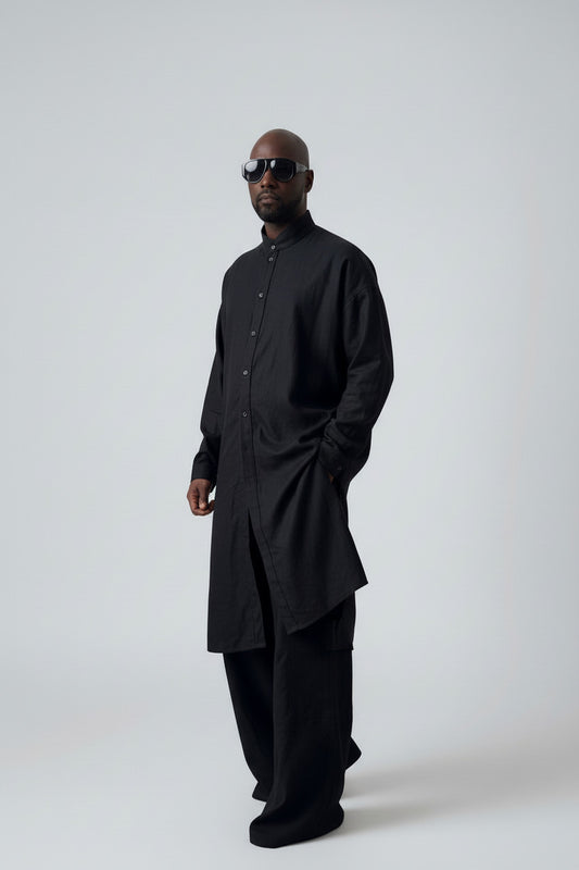 Men’s Black Linen Trench Coat | Lightweight Unlined Coat | Minimalist Long Jacket | Avant-Garde Outerwear | Spring Summer Layer (Copy)