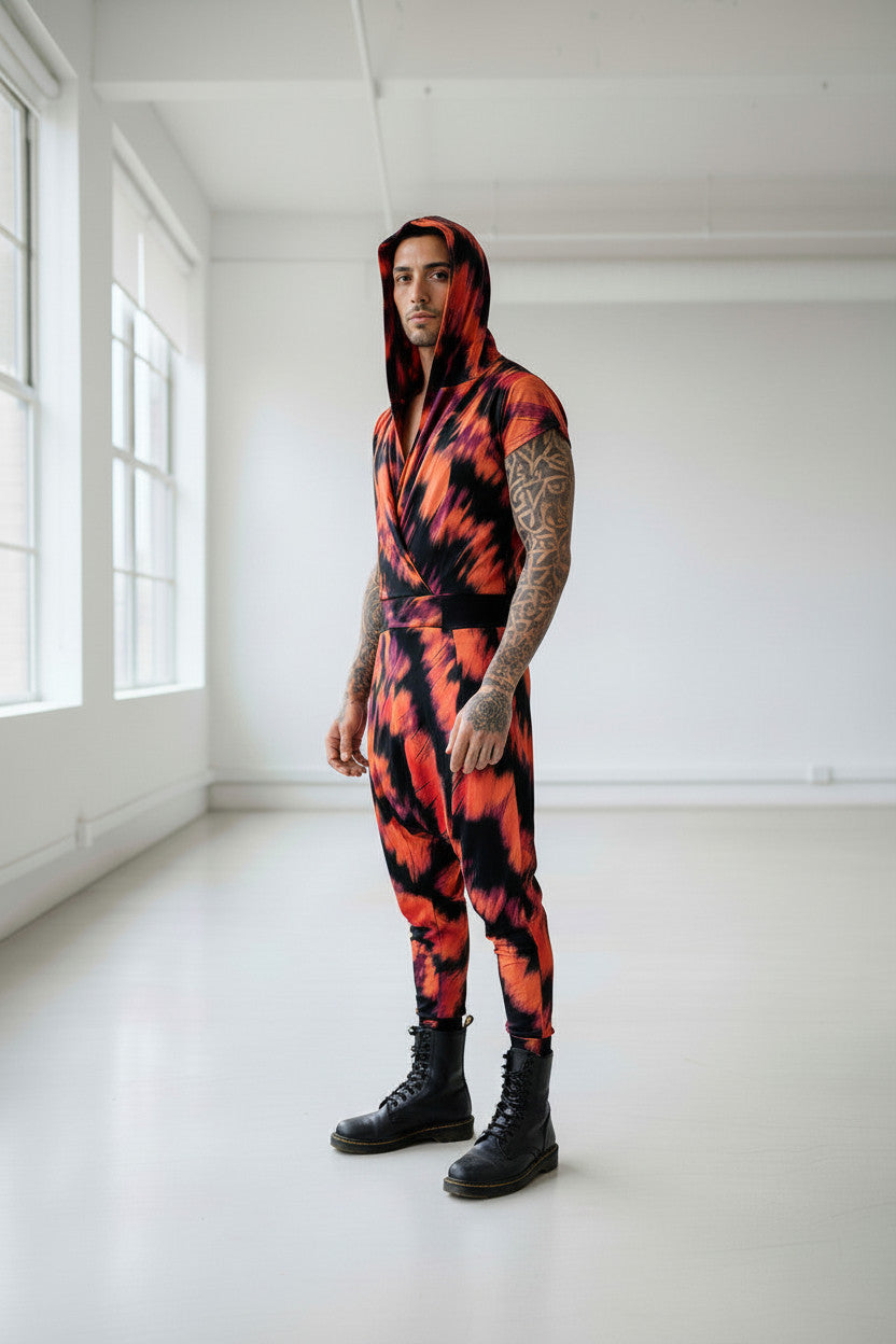 Men’s Hooded Jumpsuit | Avant Garde Drop Crotch Romper | Festival Outfit | Streetwear One Piece | Tie Dye Statement Look