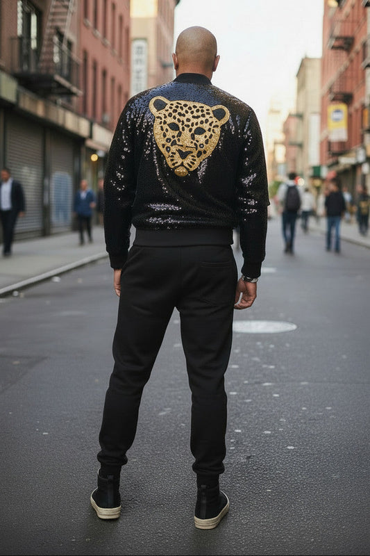 Black Sequin Bomber Jacket with Gold Leopard Patch | Streetwear Sparkle Party Wear