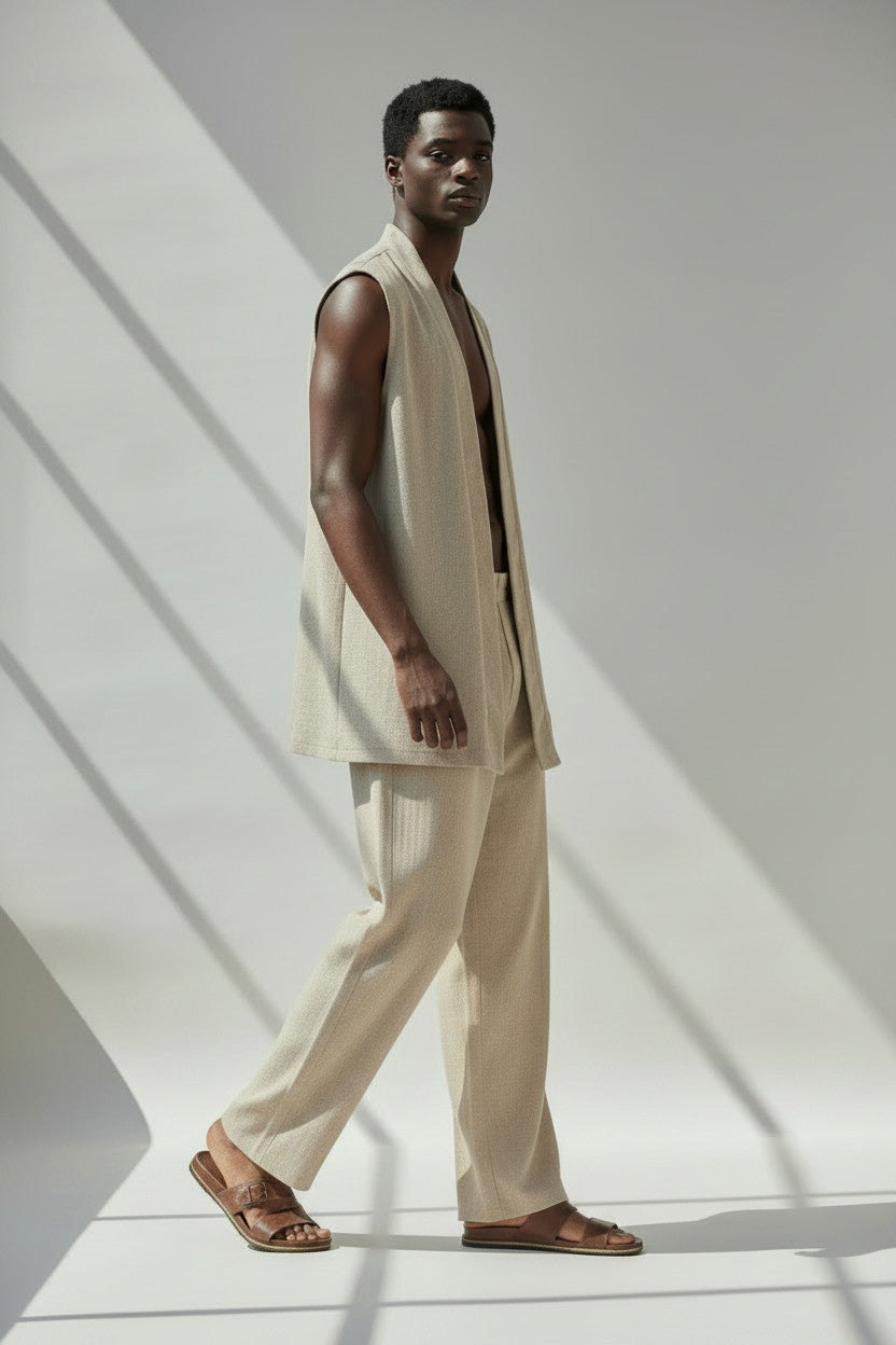Beige Linen Vest And Pant Set | Open Front Vest And Elastic Waist