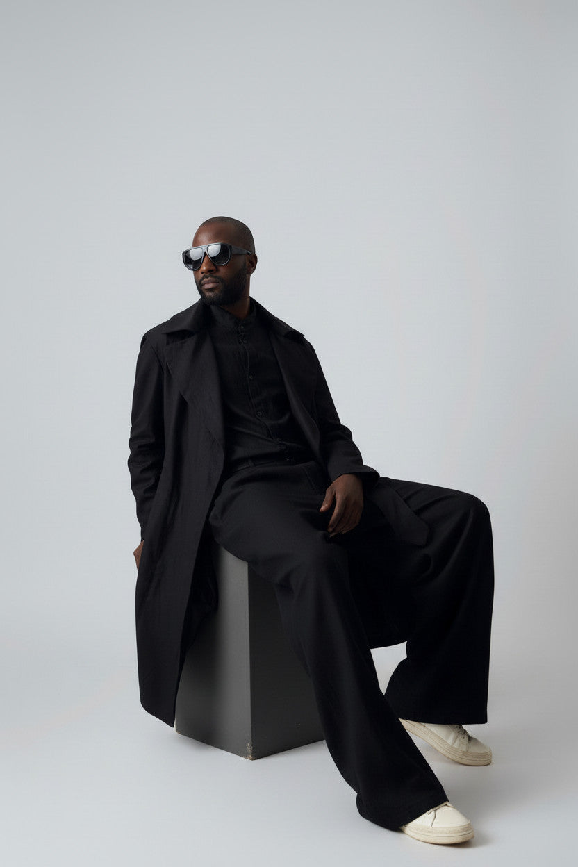 Men’s Black Linen Trench Coat | Lightweight Unlined Coat | Minimalist Long Jacket | Avant-Garde Outerwear | Spring Summer Layer