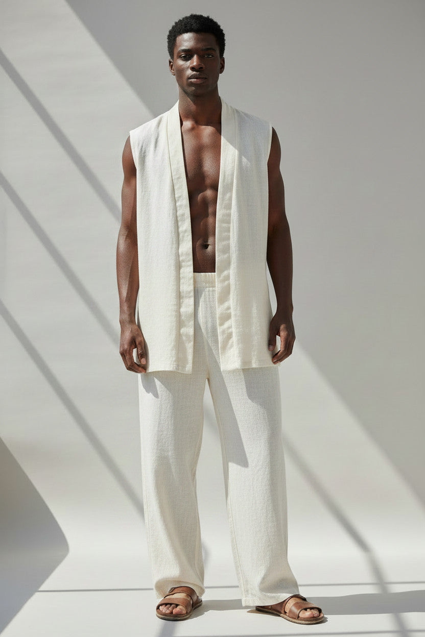 White Linen Vest And Pant Set | Open Front Vest And Elastic Waist Cinched Pant