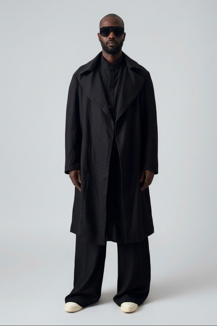 Men’s Black Linen Trench Coat | Lightweight Unlined Coat | Minimalist Long Jacket | Avant-Garde Outerwear | Spring Summer Layer