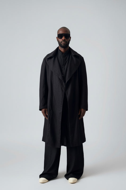 Men’s Black Linen Trench Coat | Lightweight Unlined Coat | Minimalist Long Jacket | Avant-Garde Outerwear | Spring Summer Layer