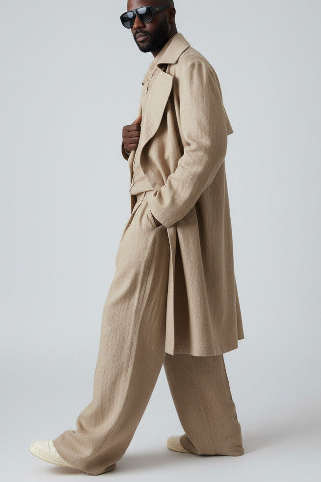 Men’s Biege Linen Trench Coat | Lightweight Unlined Coat | Minimalist Long Jacket | Avant-Garde Outerwear | Spring Summer Layer