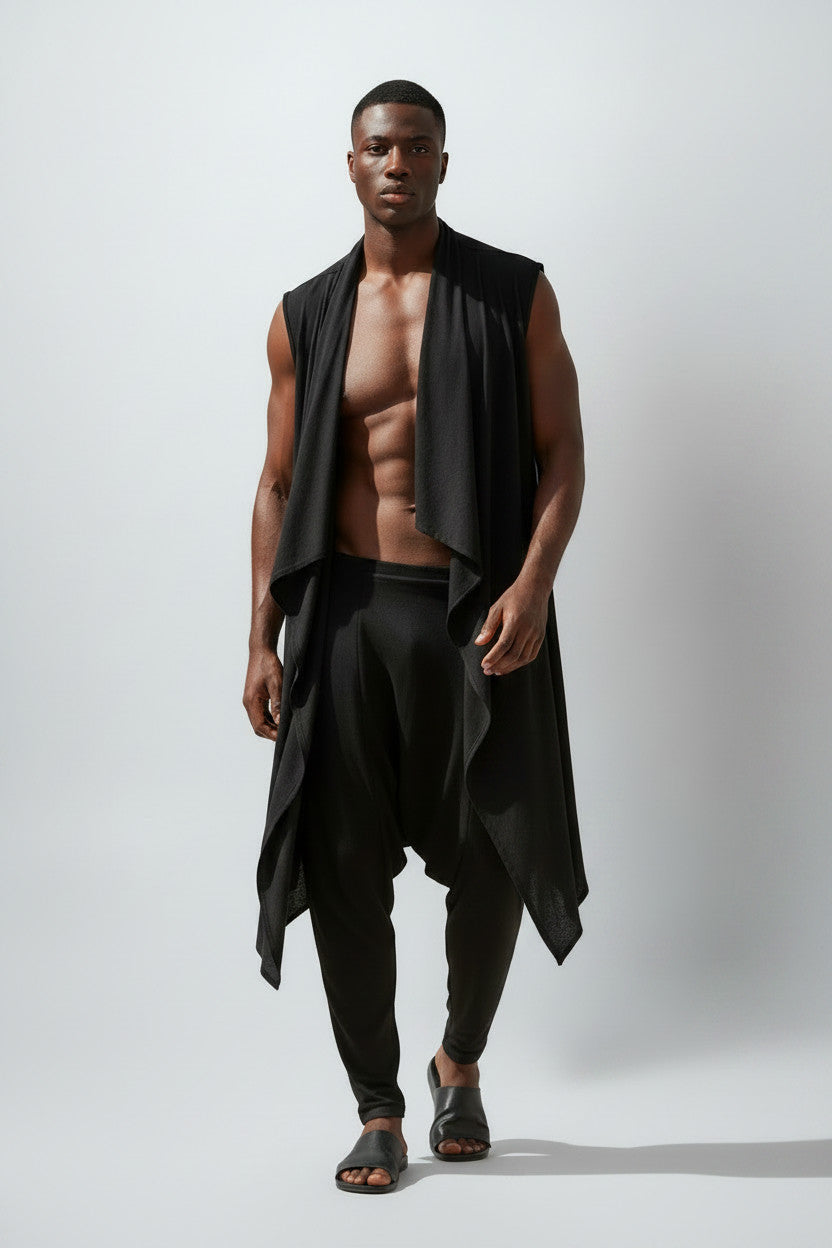 Black Jersey Drape Front Vest