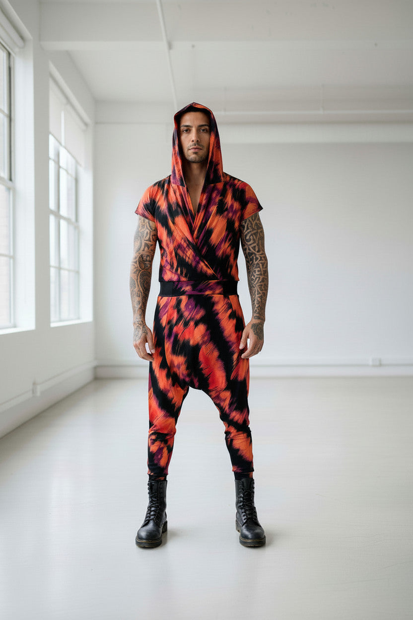 Men’s Hooded Jumpsuit | Avant Garde Drop Crotch Romper | Festival Outfit | Streetwear One Piece | Tie Dye Statement Look