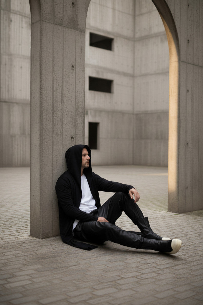 Mens Hooded Cardigan, Long Line Cloak Robe, Soft Rib Knit Knit With Pockets (Unstructured)