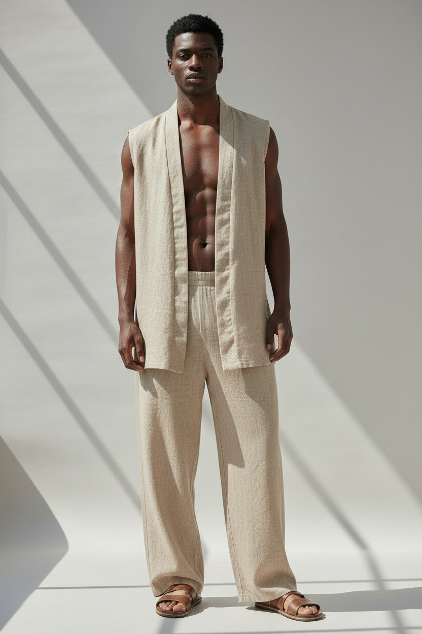 Beige Linen Vest And Pant Set | Open Front Vest And Elastic Waist