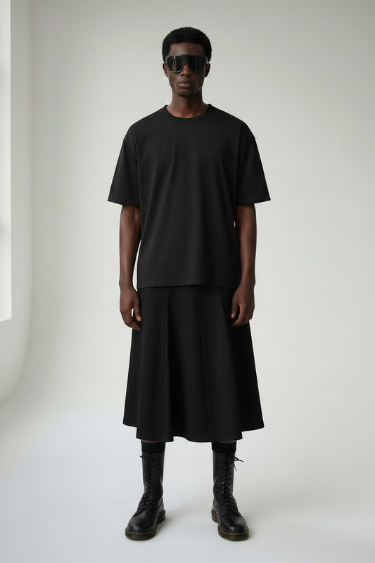 Linen Kilt: Men's Black Flared Pleated Skirt
