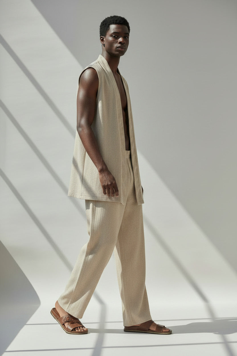Beige Linen Vest And Pant Set | Open Front Vest And Elastic Waist Cinched Pant