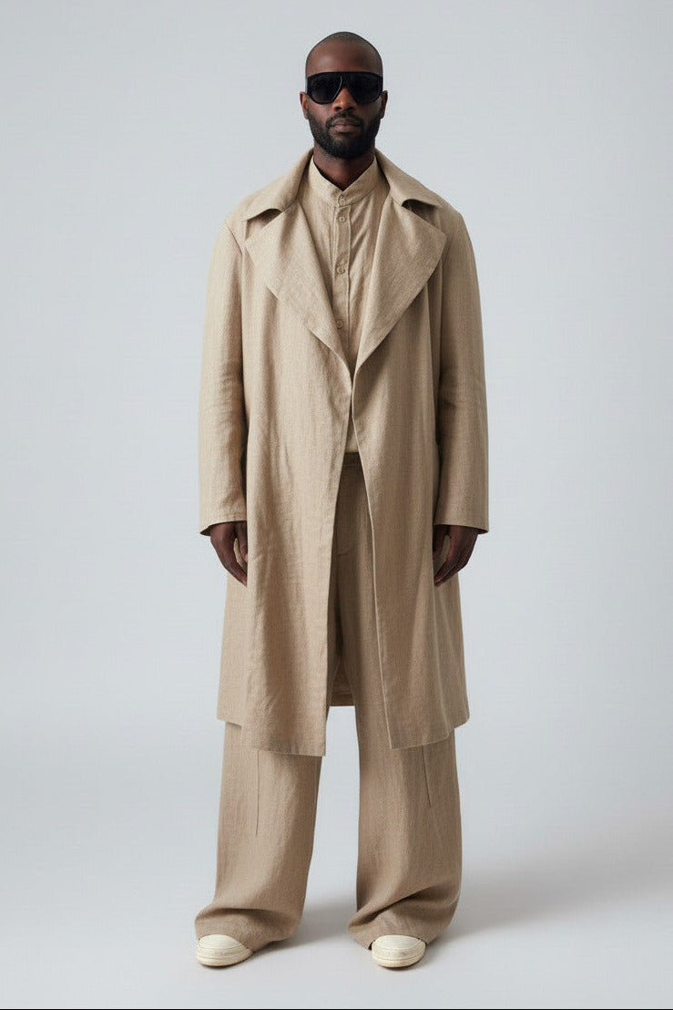 Men’s Biege Linen Trench Coat | Lightweight Unlined Coat | Minimalist Long Jacket | Avant-Garde Outerwear | Spring Summer Layer